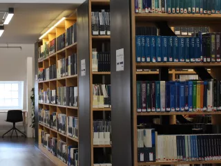 Library shelves filled with periodicals